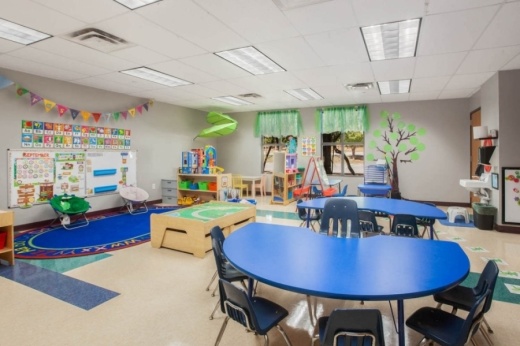 a classroom for younger children, with play areas and two large blue tables