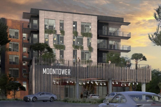 a rendering of a multistory apartment complex with cars parked in front