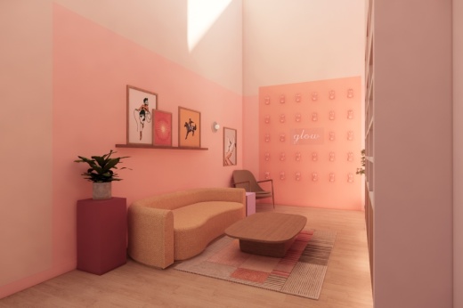 the interior of a tanning salon waiting room with a couch and table