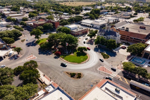 fly over of downtown New Braunfels