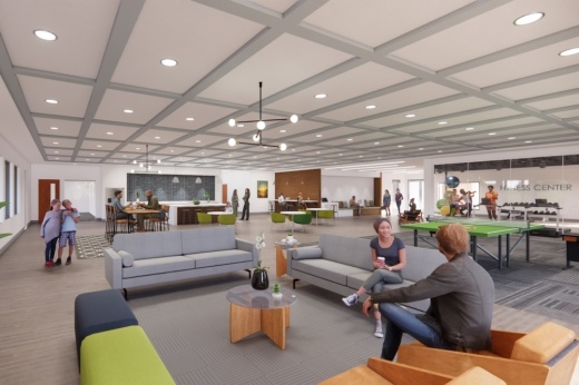Two people sit on a couch and chair in a rendered community recreation center at Spanish Creek at The Hollow.