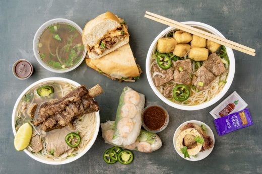 an assortment of pho in bowls