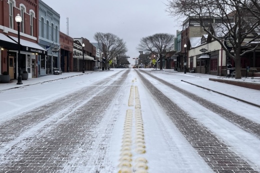 Downtown Plano covered in snow
