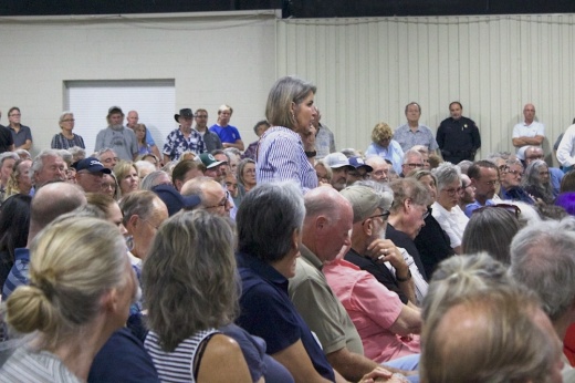 A woman is speaking amid a large crowd