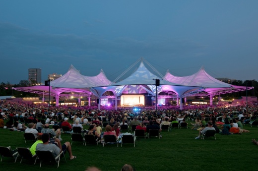 Night time view of illuminated concert venue