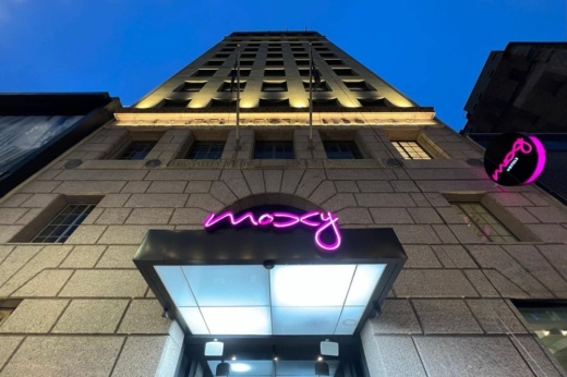 Outside the Moxy Hotel in downtown Houston, located on Main Street.