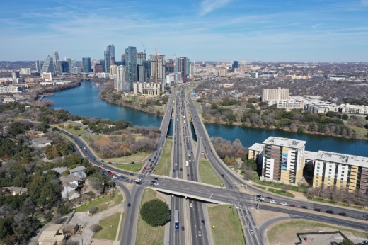 The Texas Department of Transportation's $4.5 billion I-35 expansion project will kick off in mid-2024 with reconstruction of the Riverside Drive intersection. (Falcon Sky Photography/Community Impact)