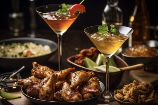 two cocktails and several thai dishes from thai spice frisco