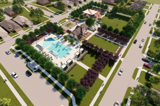 Rendering of North Sky Celina's green spaces around a resort-style pool.