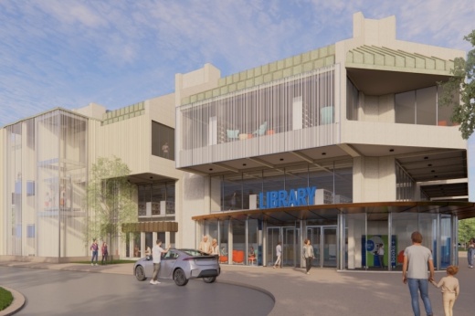 Rendering showing a new facade for the Richardson Public Library
