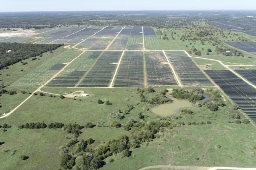 An aerial view of solar panels.