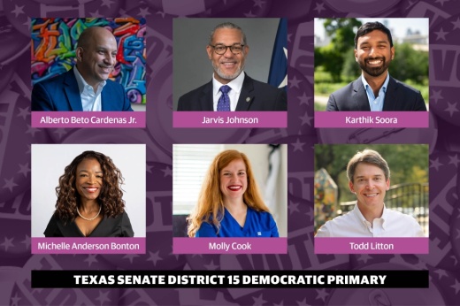 A graphic with the headshots of six candidates