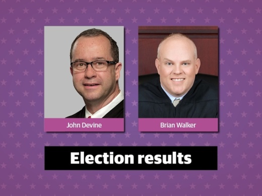During his campaign, Texas Supreme Court Justice John Devine (left) faced criticism over ethics and repeated absences from the bench. Devine is projected to beat challenger Brian Walker with a narrow lead in the Republican primary. (Courtesy Texas Judicial Branch)