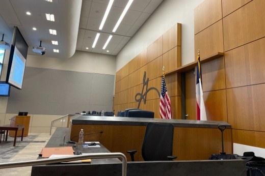 empty dais in Georgetown City Council chambers at Georgetown City Hall