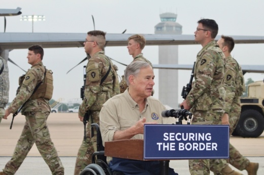 Gov. Greg Abbott discusses border security at a May 8 press conference at the Austin-Bergstrom International Airport.