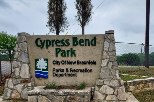Cypress Bend Park sign in New Braunfels
