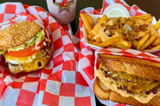 Burger, sandwich and fries