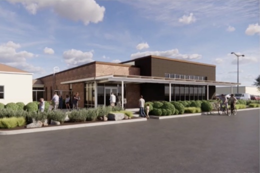Rendering of the new building at the Coppell Service Center and a line of vegetation.