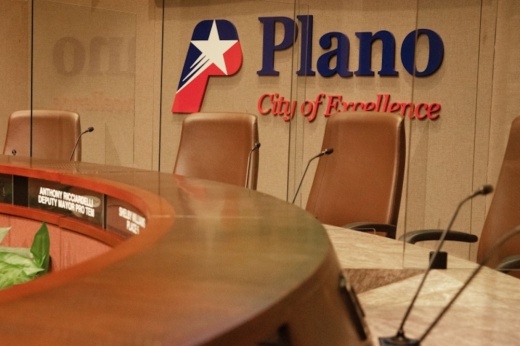 Plano logo inside the Plano Council Chambers