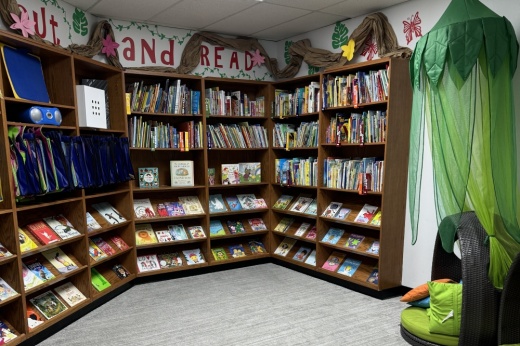 A room is shown filled with children's books.