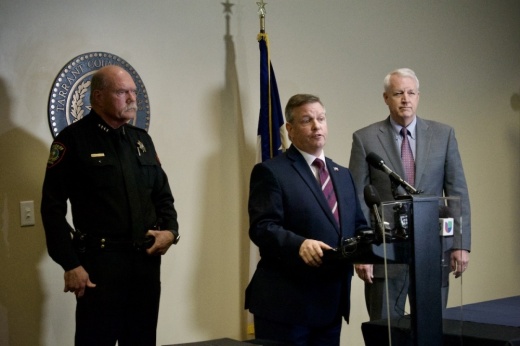 From left, Sheriff Bill E. Waybourn, Tarrant County Judge Tim O’Hare and District Attorney Phil Sorrells announced the Election Integrity Task Force at a February 2023 press conference. After a Tarrant County Election Board vote, election judges will now send Tarrant County ballots to polling locations prenumbered. (Hannah Johnson/Community Impact)