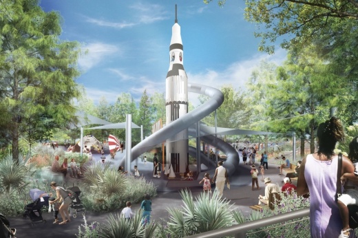 A photo rendering of the 45-foot-tall rocket ship slide that is featured inside the newly designed Play Gardens area of The Commons at Hermann Park.
