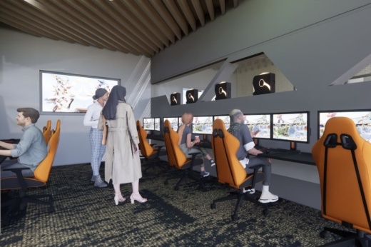 Rendering of several PC gaming stations within the new esports center at The University of Texas at Dallas.