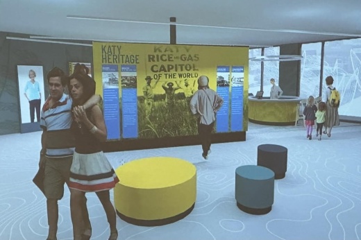 a rendering of a room with round seats in the middle, people walking, a help desk and a person reading a wall with information on it