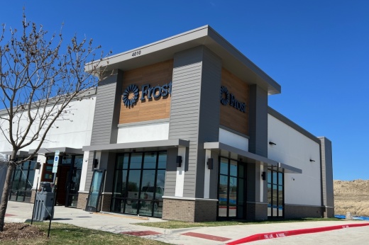 Frost Bank North Financial Center building and entrance pictured before its opening in April