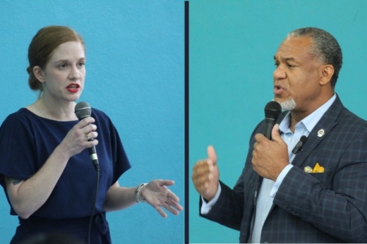 two photos of people speaking into microphones in front of a teal background