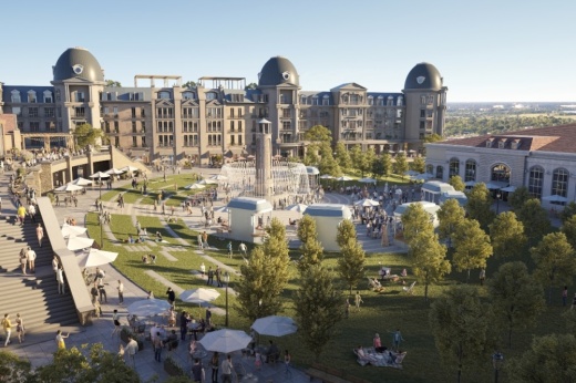 Plans for Carillon Parc, the European-style mixed-use development under construction in Southlake, include a large fountain that will be in the middle of its city park. (Rendering courtesy Carillon Crown)