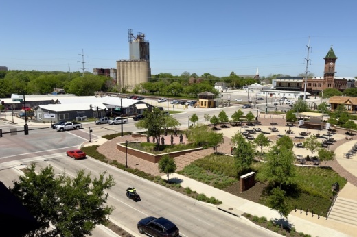 Aerial shot of downtown Grapevine near the intersection of South Main Street and Dallas Road