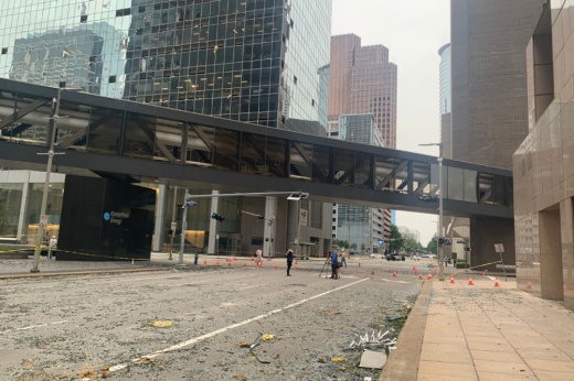 Following severe weather May 16, there is "considerable damage downtown," Mayor John Whitmire said, including glass from broken windows. (Shawn Arrajj/Community Impact)