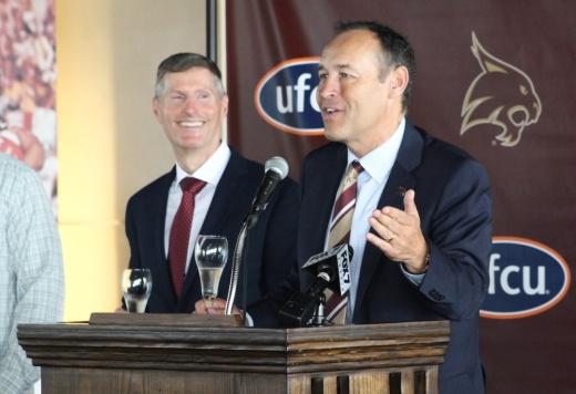(From left) UFCU CEO and President Michael Crowl and Texas State President Kelly Damphousse