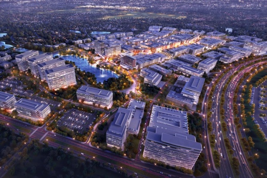 Aerial rendering of Fields West with commercial and retail buildings.