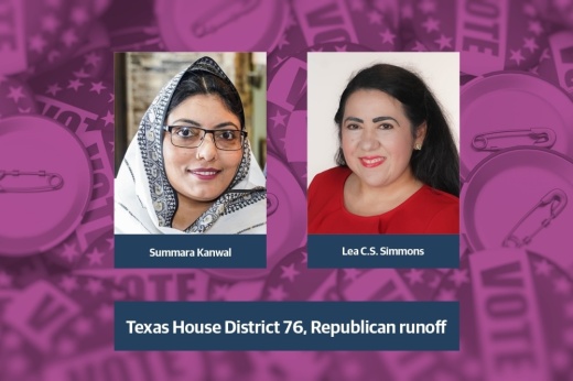 With all voting centers reporting, final unofficial results from Fort Bend County show Lea C.S. Simmons against challenger Summara Kanwal in the primary runoff for Texas House District 76. (Designed by Taylor White/Community Impact)