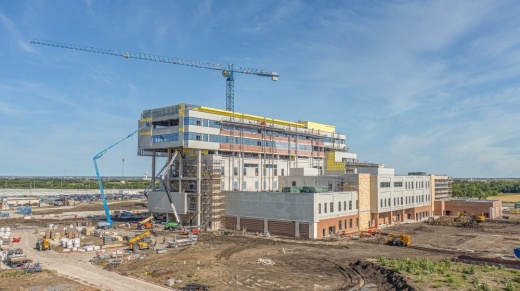 A drone photo of an under-construction Baylor hospital in Frisco