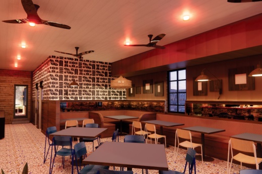 A restaurant in a small, muted-tone space