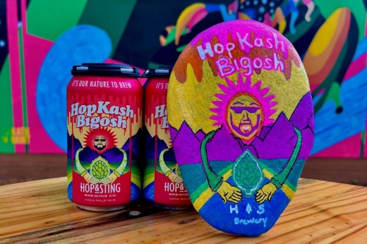 Two cans of beer with colorful graphics next to a rock painted with the same motif.