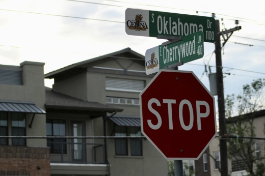 Oklahoma Drive and Cherrywood Street stop sign in Celina