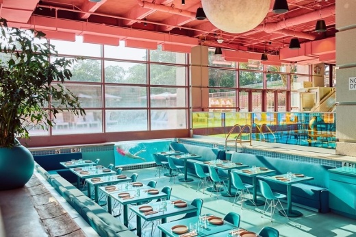 A new restaurant in downtown Austin hotel painted bright pink and blue.