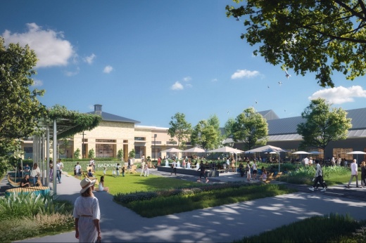 Rendering of an outdoor space with shade and tables.