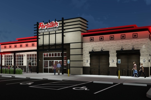 Rendering of a building with Portillo's signage.