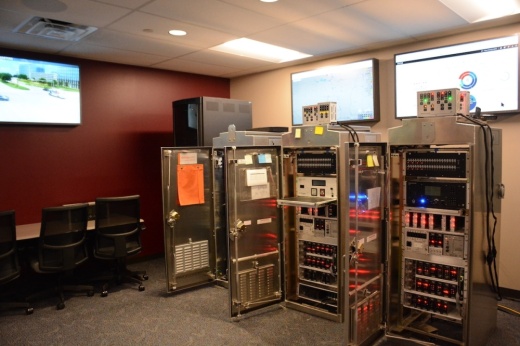 Two traffic control cabinets inside the city's traffic management center