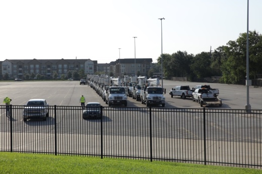 Katy ISD stadium parking lots served as a staging area for CenterPoint crews in the aftermath of Hurricane Beryl. (Courtesy Katy ISD)