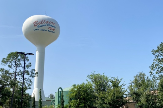 a water tower rises above tree tops