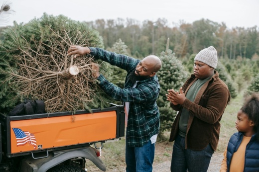 A family loads a newly chopped Christmas tree onto a wagon.