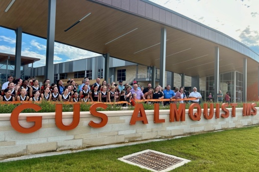 Community members joined Hutto ISD to officially open Gus Almquist Middle School with a ribbon cutting ceremony Sept. 4.  (Brooke Sjoberg/Community Impact)