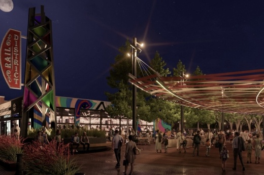 The redeveloped Rail District will include a Fourth Street Plaza that will feature pedestrian-friendly walkways when it finishes in 2026. (Rendering courtesy city of Frisco)