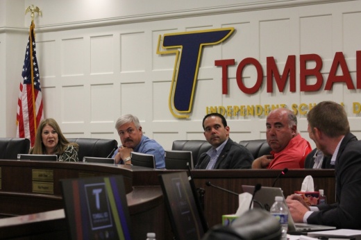 Pictured from left during a Sept. 9 board meeting is Superintendent Martha Salazar-Zamora, President John McStravick, Vice President Justin Unser, trustee Matt Schiel and Chief Financial Officer Zack Boles.